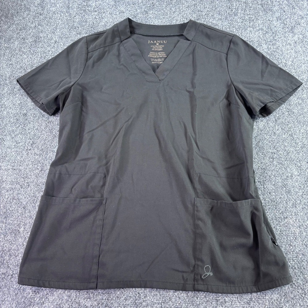 Jaanuu Scrub Top Womens Med Black V-Neck Short Sleeve Side Zip Nursing Medical